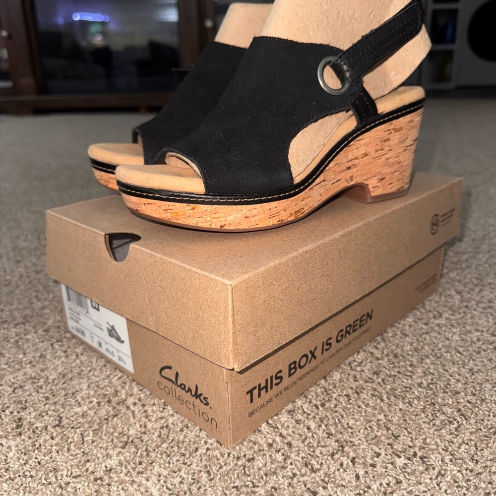 Clarks Black and Tan Wedge Sandals